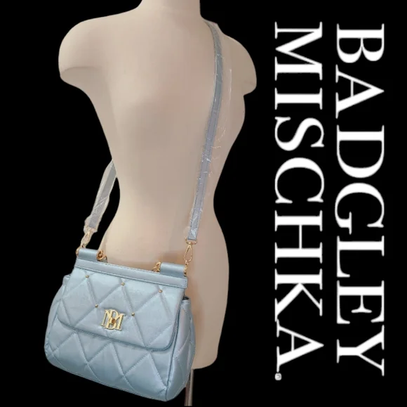 Badgley Mischka Metallic Blue Big Diamond Quilting with Studs Bag NWT